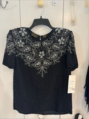 Vintage New Mark & John By Sam Sequin Beaded 100% Silk Blouse top,S